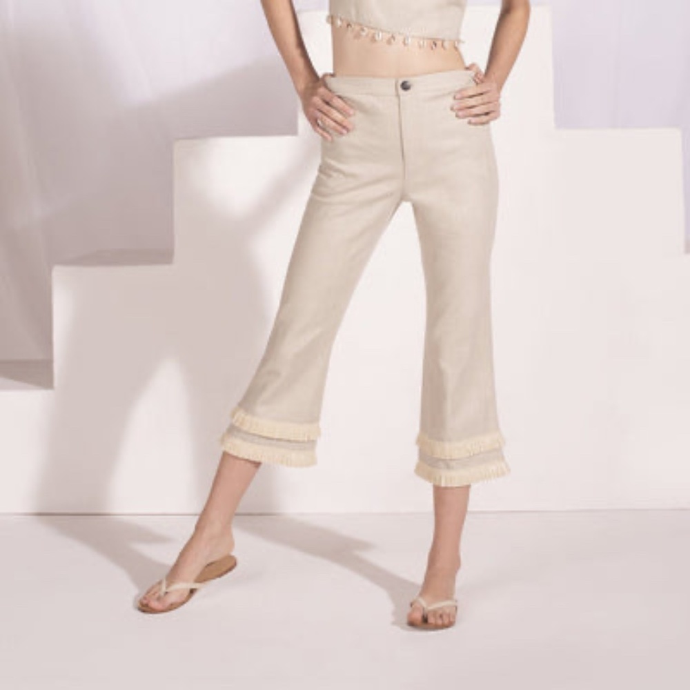 Staud Linen Cropped Pants with Raffia Fringe - Sz 4